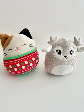 Bundle of 2 mini Squishmallow Plush Toys Christmas Calico Cat & Willow the Deer